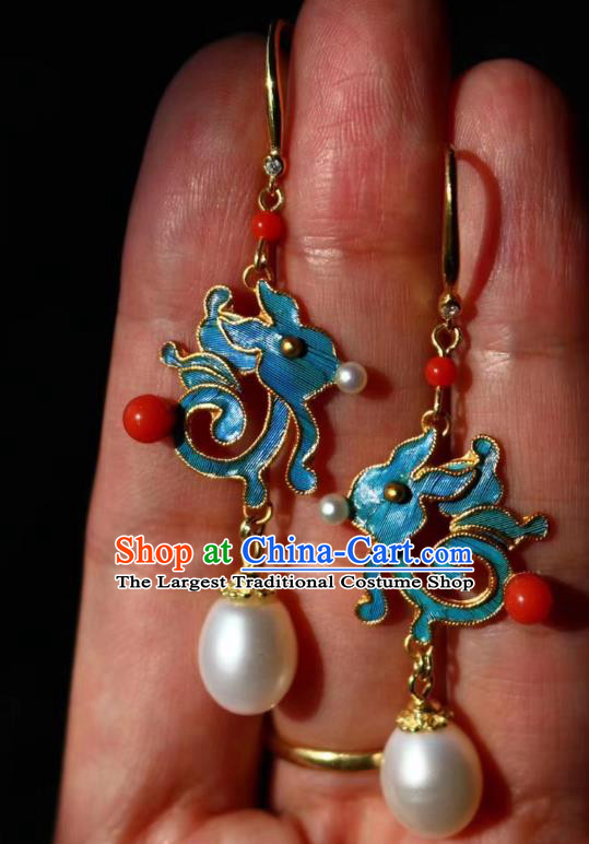 China Classical Pearl Ear Jewelry Traditional Cheongsam Blue Rabbit Earrings