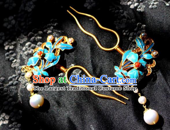 Chinese Handmade Pearls Tassel Hair Stick Traditional Ancient Qing Dynasty Filigree Golden Hairpin