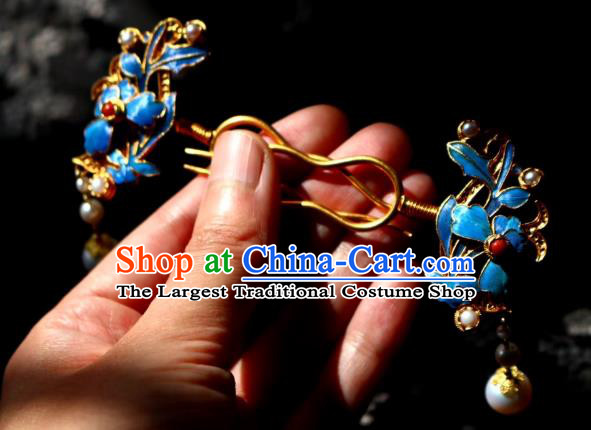 Chinese Handmade Pearls Tassel Hair Stick Traditional Ancient Qing Dynasty Filigree Golden Hairpin