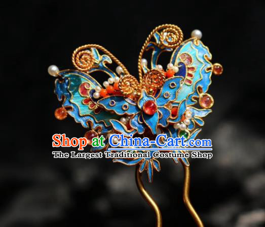 Chinese Handmade Tourmaline Gems Hair Stick Traditional Ancient Qing Dynasty Blueing Butterfly Hairpin