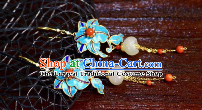 China Classical Jade Ear Jewelry Traditional Cheongsam Blueing Flower Tassel Earrings