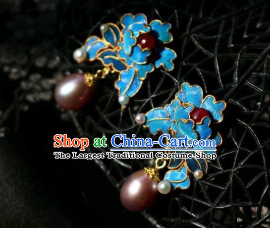 China Classical Tourmaline Pearl Ear Jewelry Traditional Cheongsam Blue Peony Earrings