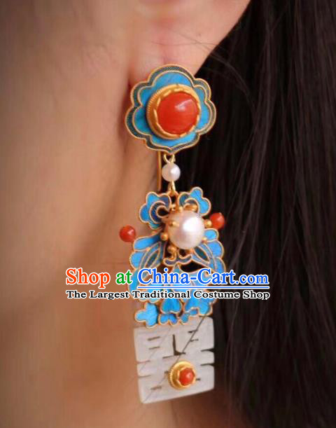 China Classical Wedding Jade Ear Jewelry Traditional Cheongsam Blueing Agate Earrings