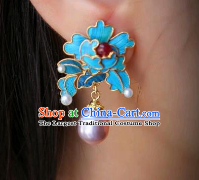 China Classical Tourmaline Pearl Ear Jewelry Traditional Cheongsam Blue Peony Earrings