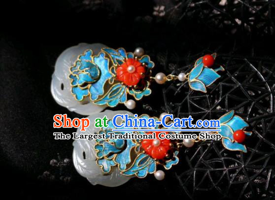 China Classical Jade Ear Jewelry Traditional Cheongsam Coral Beads Pearl Earrings