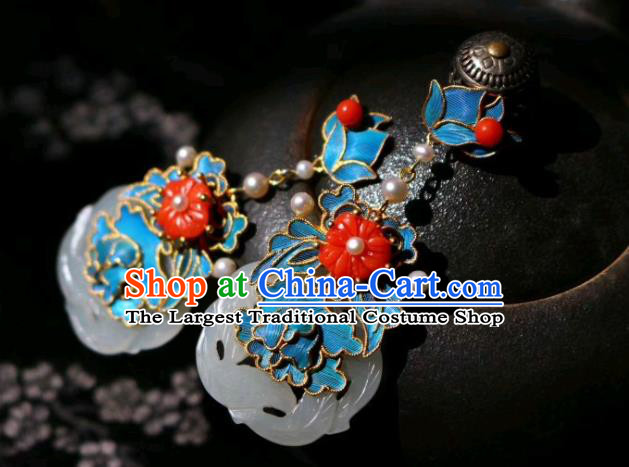 China Classical Jade Ear Jewelry Traditional Cheongsam Coral Beads Pearl Earrings