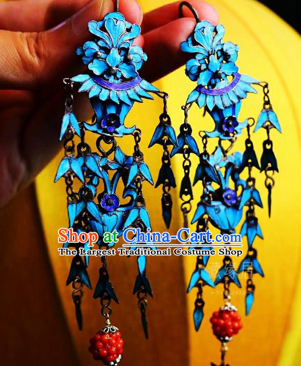 China Classical Coral Beads Ear Jewelry Traditional Cheongsam Blueing Tassel Earrings