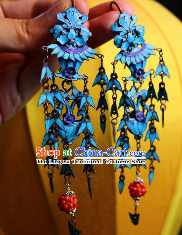 China Classical Coral Beads Ear Jewelry Traditional Cheongsam Blueing Tassel Earrings
