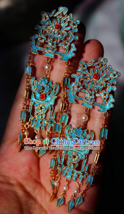 China Classical Cloisonne Chrysanthemum Ear Jewelry Traditional Cheongsam Pearls Tassel Earrings