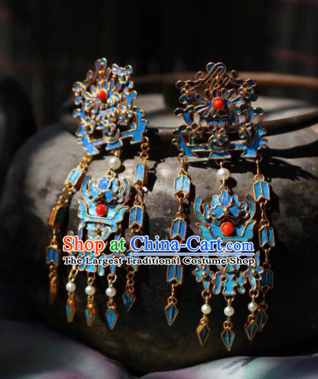 China Classical Cloisonne Chrysanthemum Ear Jewelry Traditional Cheongsam Pearls Tassel Earrings