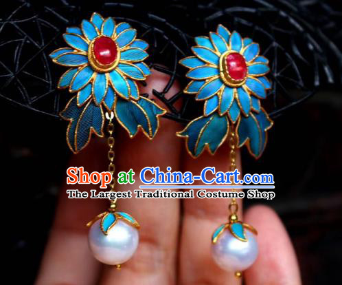 China Classical Ruby Ear Jewelry Traditional Cheongsam Cloisonne Chrysanthemum Earrings