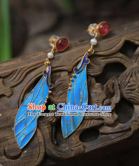 Chinese Qing Dynasty Palace Blueing Feather Earrings Traditional Jewelry Ancient Empress Tourmaline Ear Accessories