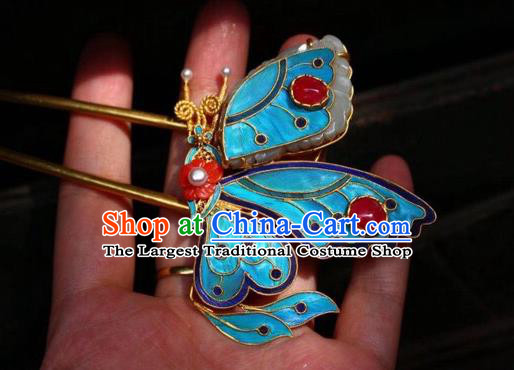 Chinese Handmade Garnet Hair Stick Traditional Ancient Qing Dynasty Cloisonne Butterfly Hairpin