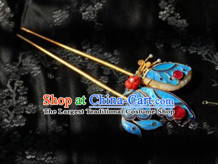 Chinese Handmade Garnet Hair Stick Traditional Ancient Qing Dynasty Cloisonne Butterfly Hairpin