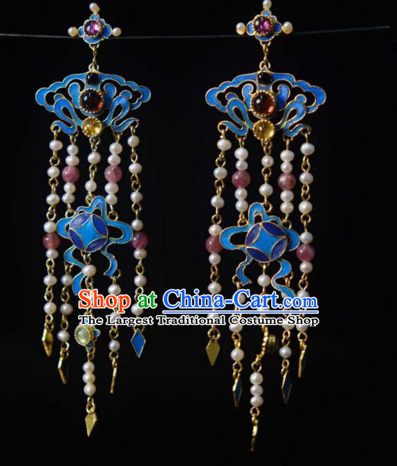 Chinese Ancient Empress Cloisonne Ear Accessories Traditional Jewelry Qing Dynasty Pearls Tassel Earrings
