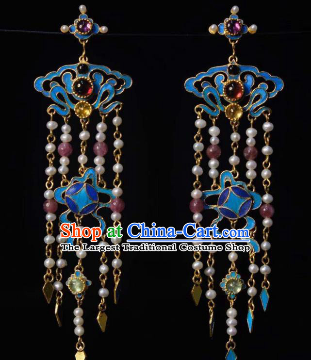 Chinese Ancient Empress Cloisonne Ear Accessories Traditional Jewelry Qing Dynasty Pearls Tassel Earrings