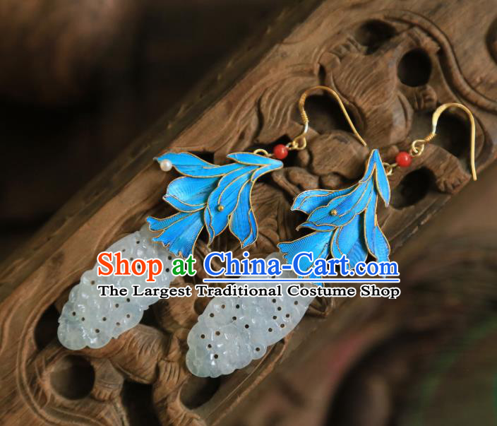 Chinese Traditional Handmade Jade Earrings Jewelry Ancient Empress Blueing Ear Accessories