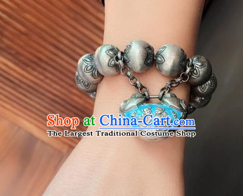 Handmade Chinese Ethnic Silver Carving Bangle Wristlet Accessories National Blueing Lock Bracelet