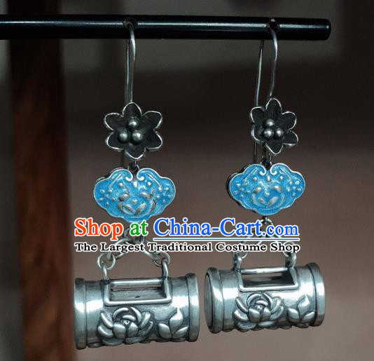 China Traditional Cheongsam Blueing Ear Accessories National Silver Carving Lotus Earrings