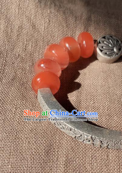 Handmade Chinese Agate Beads Wristlet Accessories National Bracelet Ethnic Silver Carving Bangle