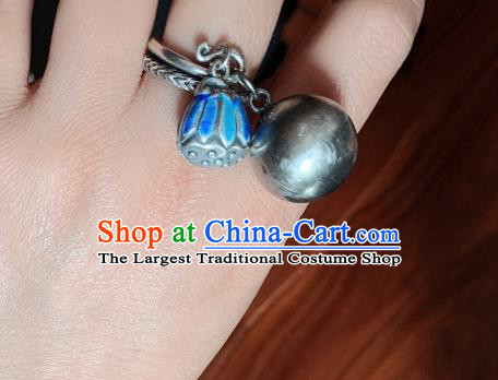 Chinese Handmade Ethnic Silver Ring National Blueing Lotus Seedpod Circlet Jewelry