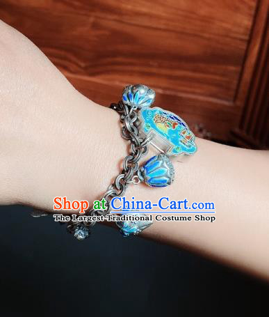 Handmade Chinese Ethnic Silver Carving Lotus Seedpod Bangle Wristlet Accessories National Blueing Phoenix Peony Bracelet