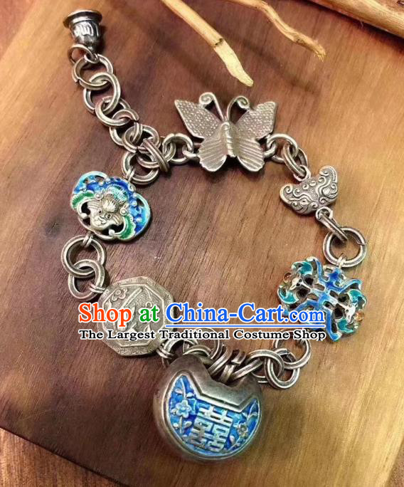 Handmade Chinese Ethnic Silver Carving Bat Bangle Wedding Wristlet Accessories National Blueing Bracelet