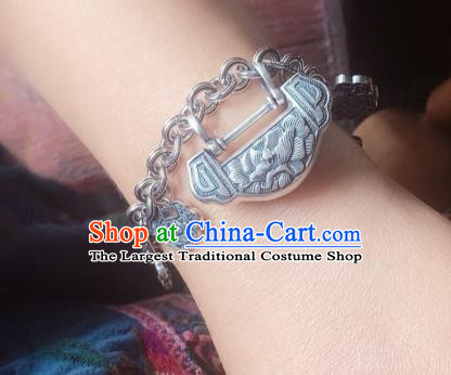 Handmade Chinese Ethnic Carving Peony Bangle Wedding Wristlet Accessories National Silver Lock Bracelet