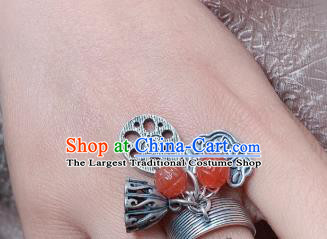 Chinese Handmade Ethnic Agate Lotus Ring National Silver Carving Circlet Jewelry