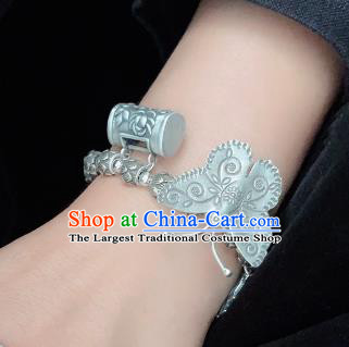 Handmade Chinese Wristlet Accessories Ethnic Carving Lock Bangle National Silver Butterfly Lotus Bracelet