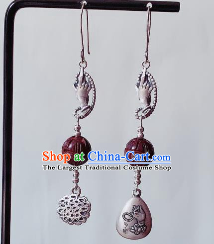 China National Carving Silver Earrings Traditional Cheongsam Rosewood Lotus Ear Accessories