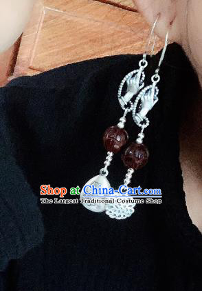 China National Carving Silver Earrings Traditional Cheongsam Rosewood Lotus Ear Accessories