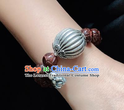 Handmade Chinese Silver Gourd Wristlet Accessories Ethnic Bangle National Rosewood Carving Lotus Bracelet