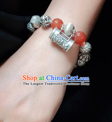 Handmade Chinese Agate Carving Wristlet Accessories Ethnic Bangle National Silver Lock Bracelet