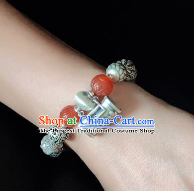 Handmade Chinese Agate Carving Wristlet Accessories Ethnic Bangle National Silver Lock Bracelet
