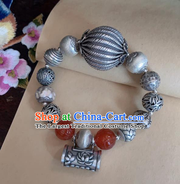 Handmade Chinese Agate Carving Wristlet Accessories Ethnic Bangle National Silver Lock Bracelet