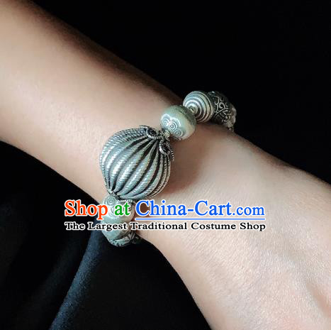 Handmade Chinese Agate Carving Wristlet Accessories Ethnic Bangle National Silver Lock Bracelet