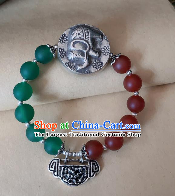 Handmade Chinese Silver Carving Lock Wristlet Accessories Ethnic Bangle National Beads Bracelet