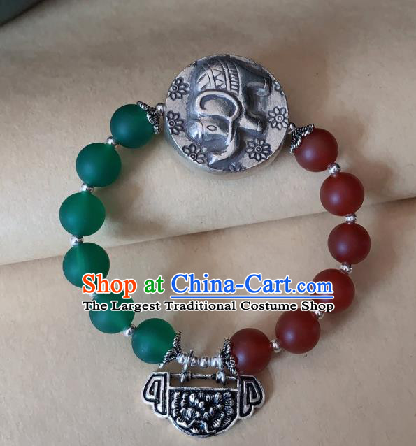 Handmade Chinese Silver Carving Lock Wristlet Accessories Ethnic Bangle National Beads Bracelet