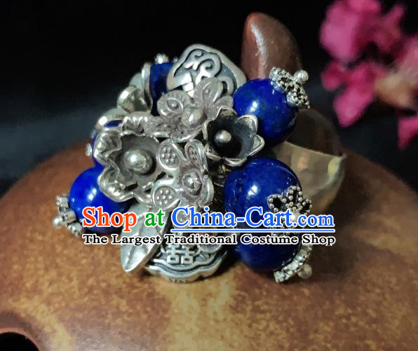 Chinese Handmade Ethnic Lapis Beads Ring National Wedding Silver Plum Circlet Jewelry