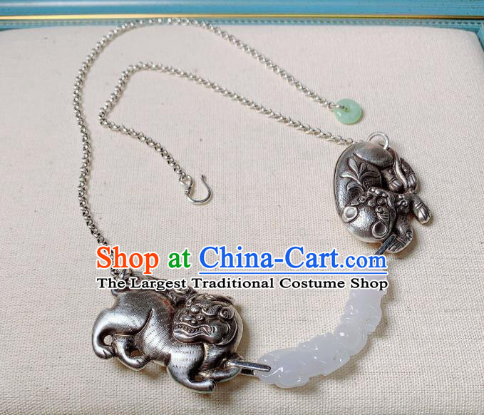 Handmade Chinese Silver Necklet Accessories National White Jade Necklace