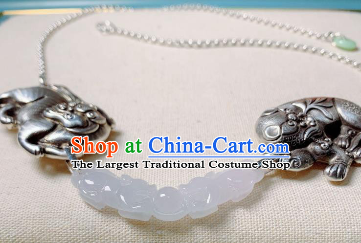 Handmade Chinese Silver Necklet Accessories National White Jade Necklace