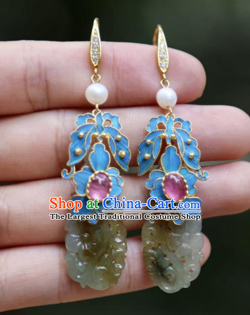 Chinese Ancient Qing Dynasty Court Jade Ear Accessories Handmade Traditional Tourmaline Earrings Jewelry