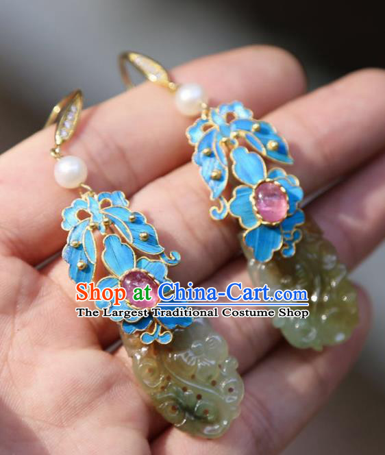 Chinese Ancient Qing Dynasty Court Jade Ear Accessories Handmade Traditional Tourmaline Earrings Jewelry