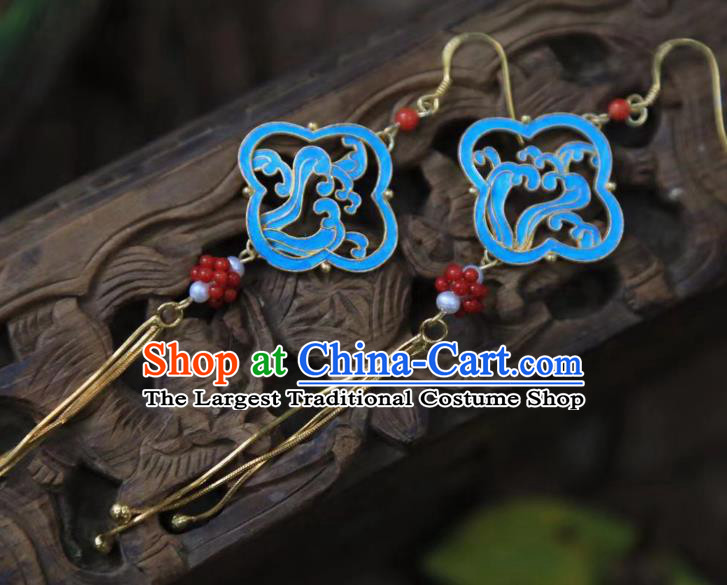 Chinese Handmade Traditional Garnet Earrings Jewelry Ancient Qing Dynasty Court Golden Tassel Ear Accessories