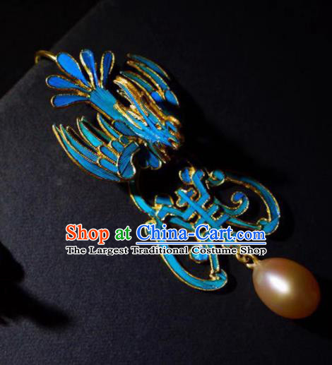 Chinese Ancient Qing Dynasty Court Ear Accessories Traditional Blueing Phoenix Earrings Jewelry