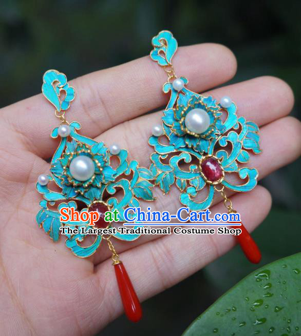 Chinese Traditional Pearls Earrings Jewelry Ancient Qing Dynasty Agate Ear Accessories