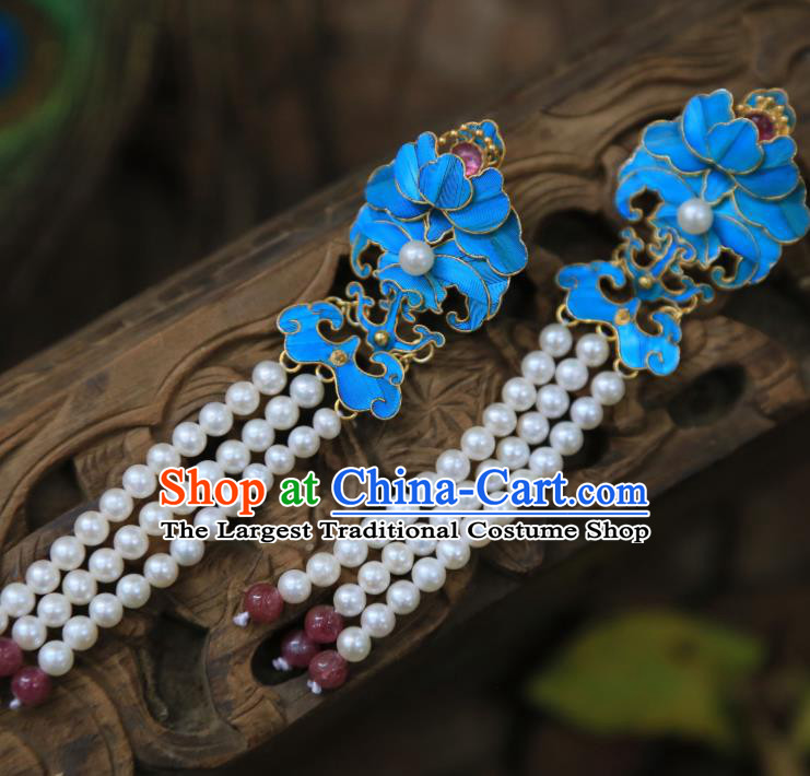 Chinese Traditional Pearls Tassel Earrings Jewelry Ancient Qing Dynasty Tourmaline Ear Accessories
