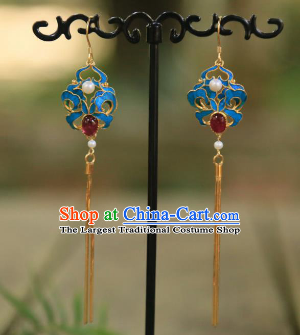 Chinese Ancient Qing Dynasty Golden Tassel Ear Accessories Traditional Garnet Earrings Jewelry
