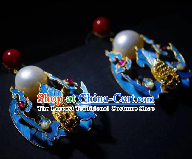 Chinese Ancient Qing Dynasty Filigree Bat Ear Accessories Traditional Culture Jewelry Pearl Earrings